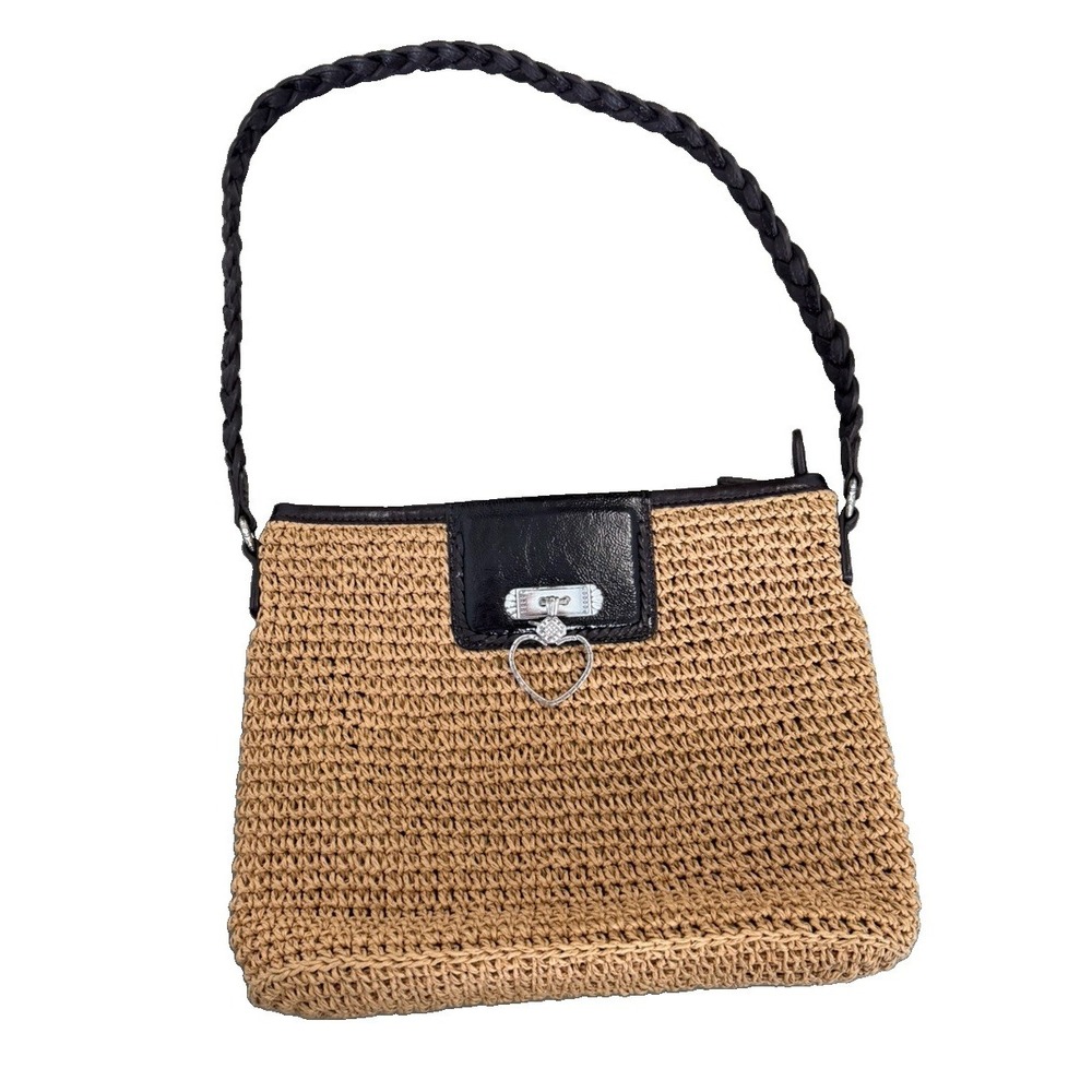 Brighton Straw Crochet Handbag Brown Leather Braided Handle Tote‎ Purse Beach